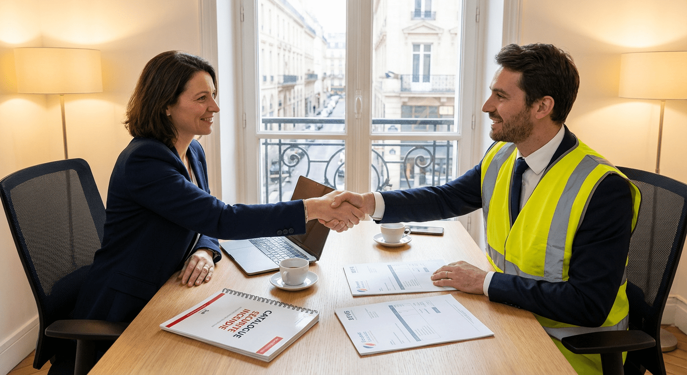 Chef d'entreprise et consultant sécurité incendie signant un devis