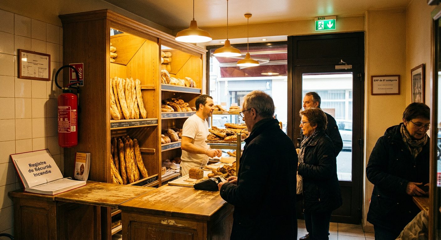Boulangerie conforme aux obligations ERP 5ème catégorie avec extincteur et BAES