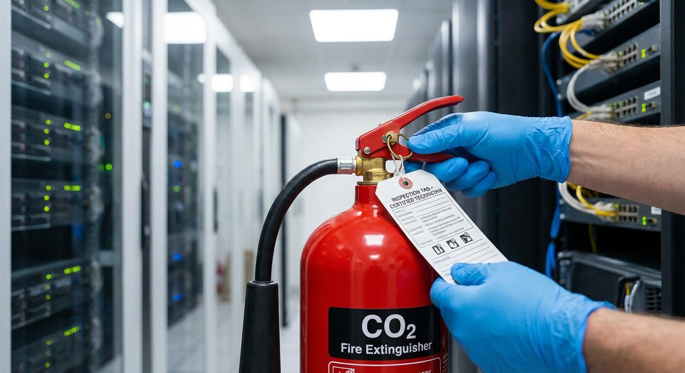 Technicien certifié inspectant un extincteur CO2 en salle serveur
