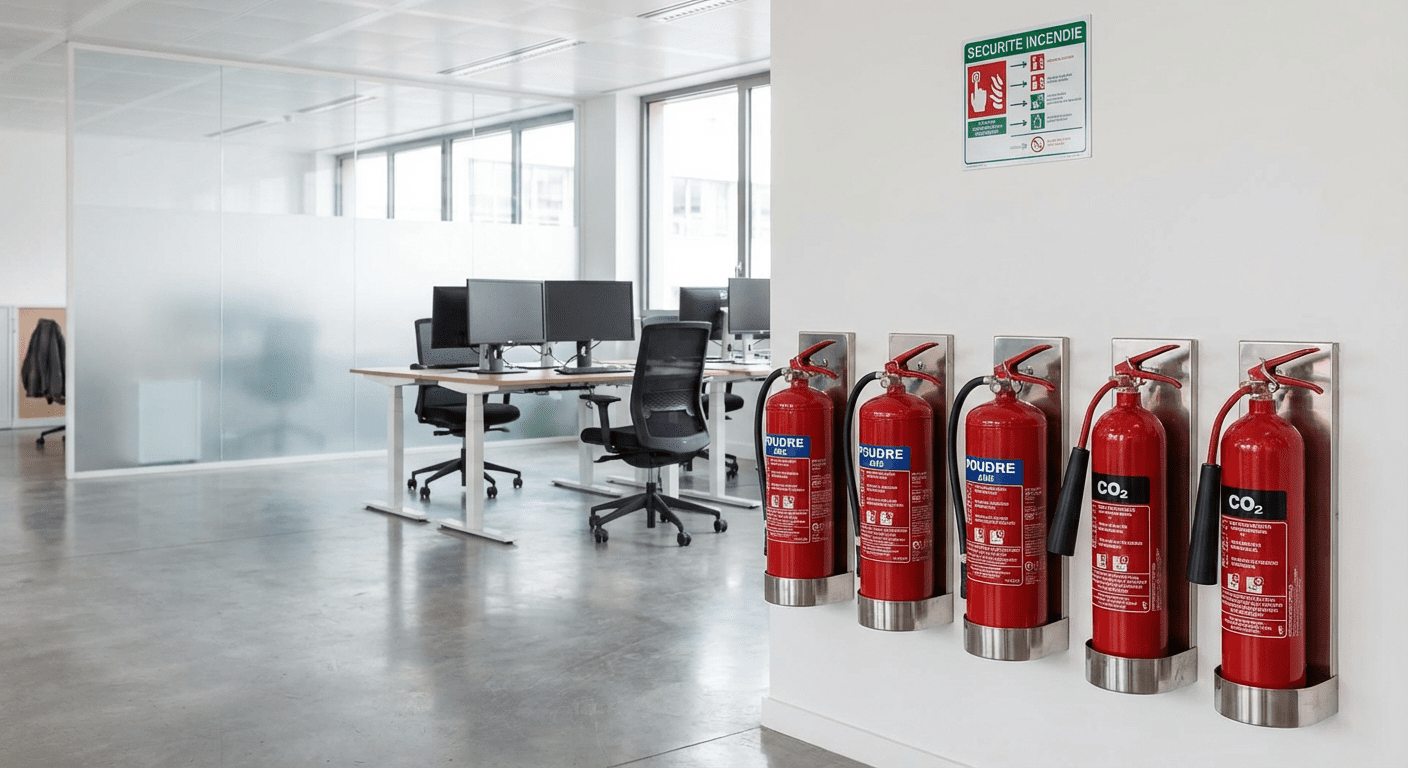 Extincteurs poudre et CO2 installés dans un bureau d'entreprise moderne