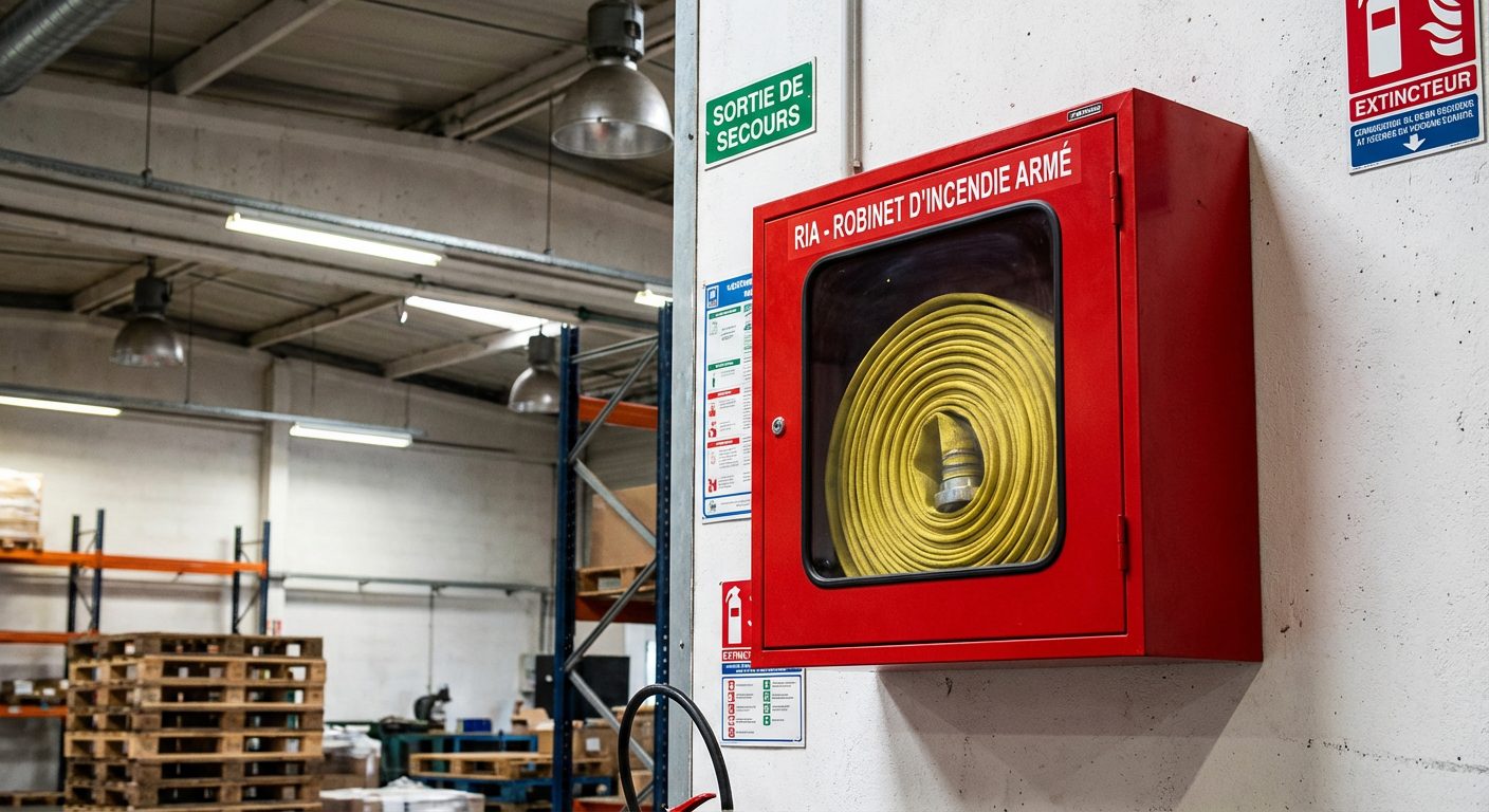 Robinet d'incendie armé RIA installé dans un entrepôt industriel