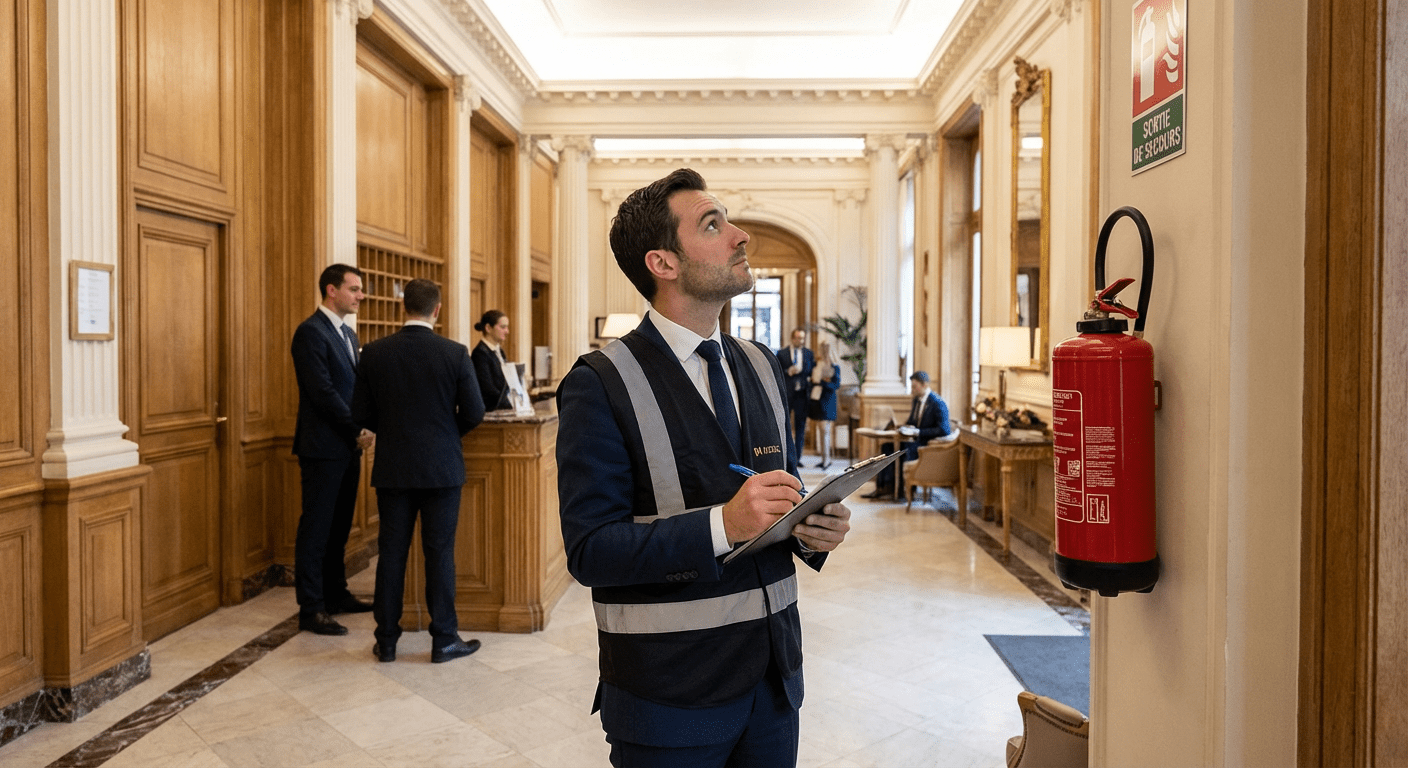 Inspecteur vérifiant la conformité incendie dans un ERP à Lyon
