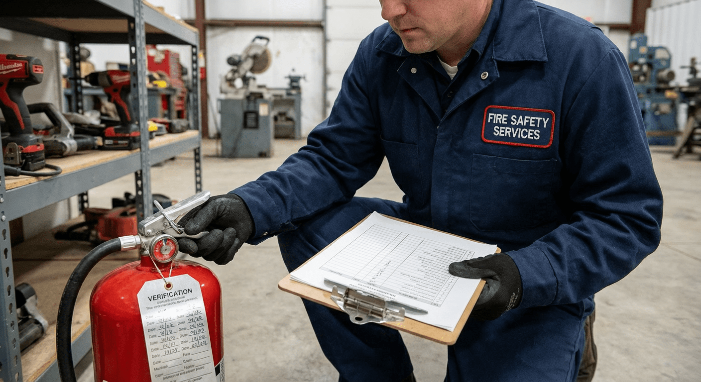 Technicien effectuant la vérification annuelle d'un extincteur avec manomètre