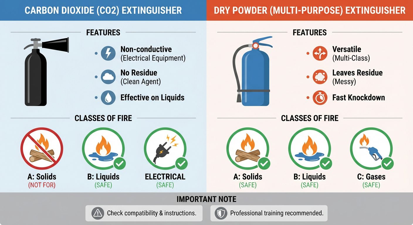 Infographie comparant les classes de feu couvertes par les extincteurs CO2 et poudre