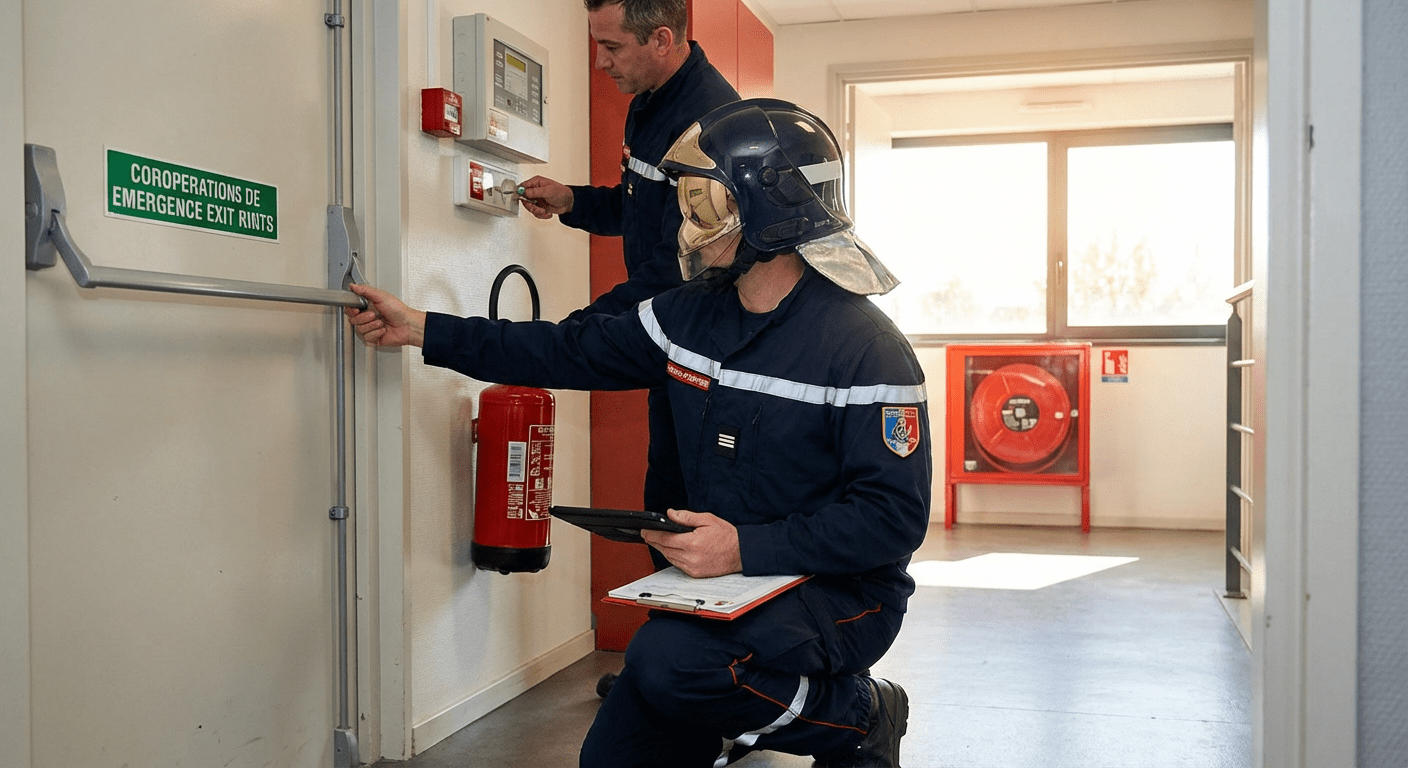 Inspecteur SDIS vérifiant les équipements de sécurité lors d'une visite