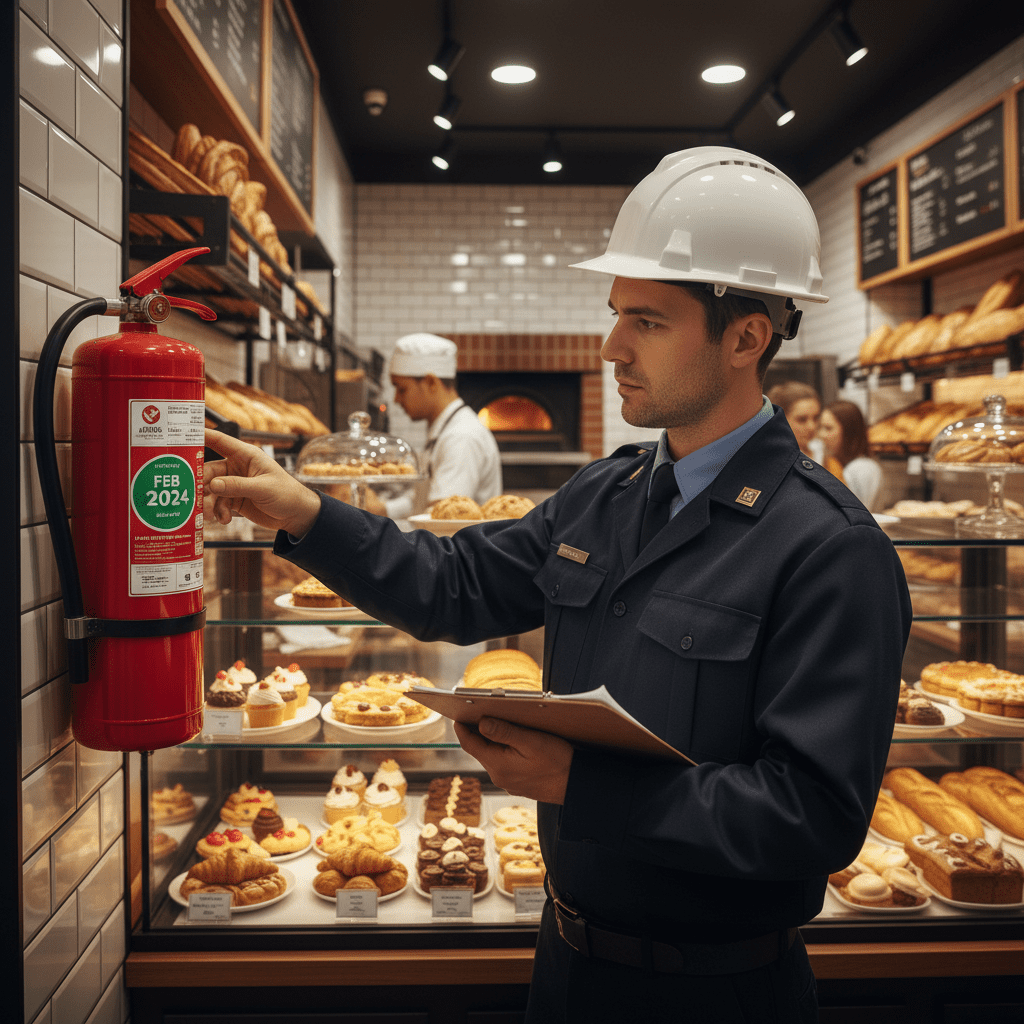 Inspecteur vérifiant un extincteur dans une boulangerie