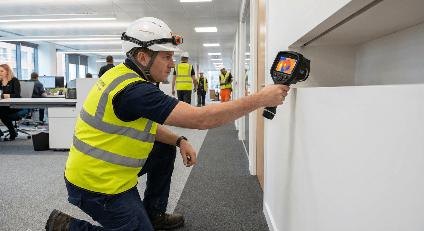 Technicien inspectant le compartimentage incendie avec caméra thermique dans un ERP