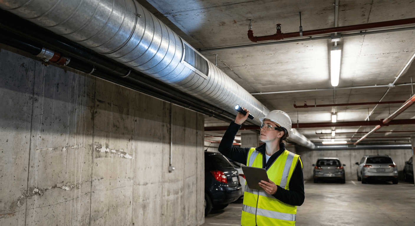 Technicien sécurité incendie inspectant les gaines de désenfumage mécanique dans un parking souterrain
