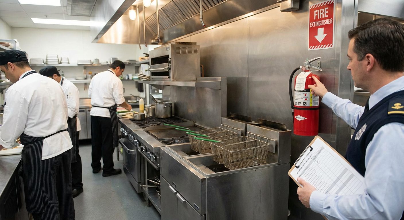 Inspection de sécurité incendie dans une cuisine professionnelle