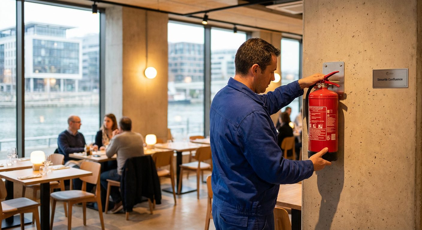Installation extincteur neuf dans un restaurant du quartier Confluence a Lyon