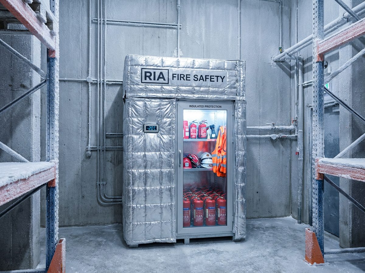 Armoire RIA avec isolation thermique dans un entrepot expose au froid hivernal