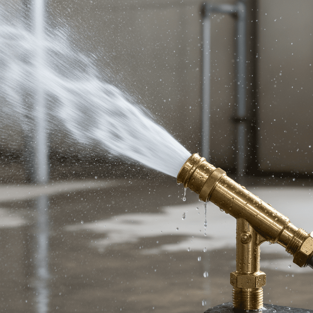 Lance incendie RIA en test avec jet d'eau sous pression