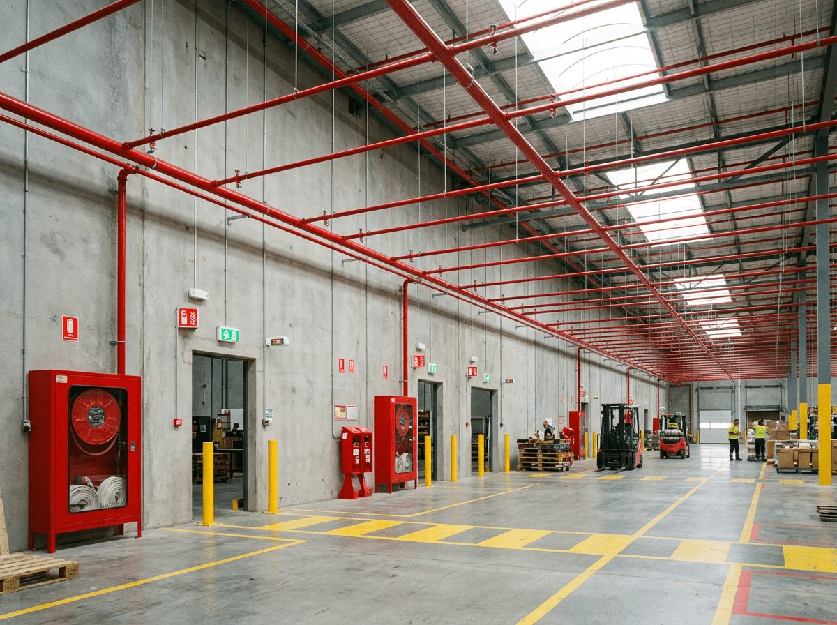 Entrepot industriel equipe de protection incendie sprinklers et extincteurs