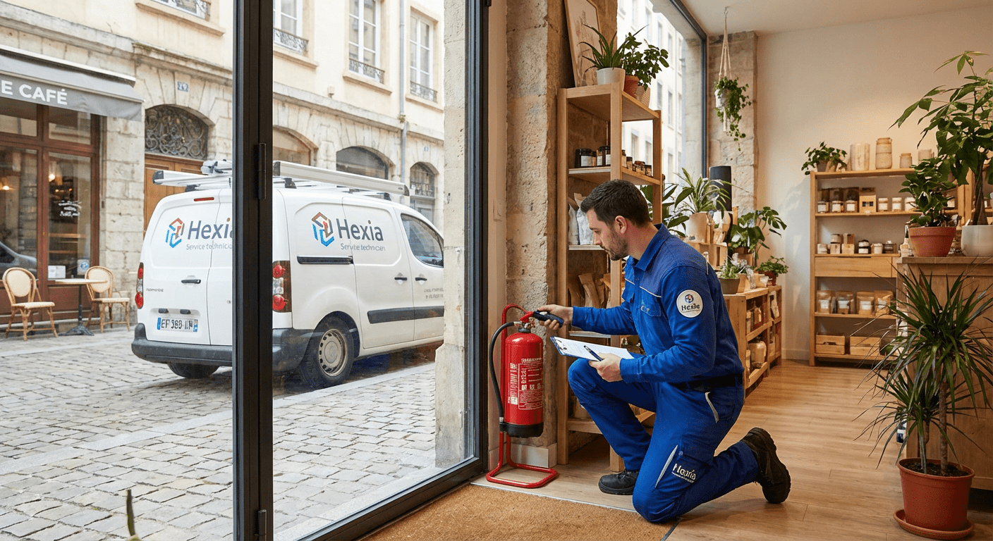 Technicien Hexia Securite maintenance extincteur dans un commerce a Lyon