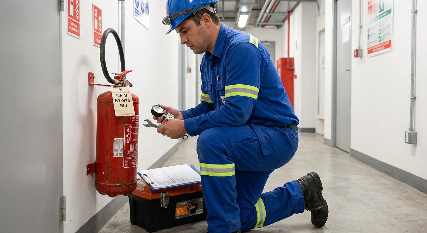 Technicien certifié effectuant la maintenance NF S 61-919 sur un extincteur portatif