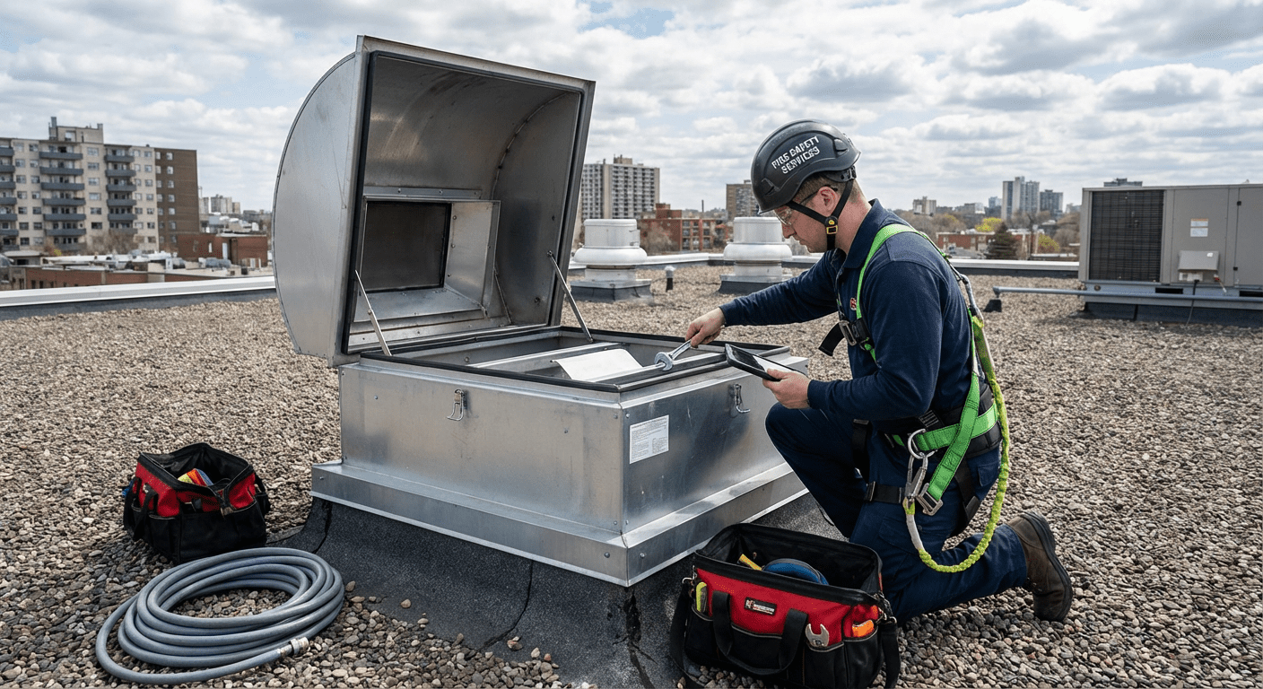Technicien effectuant la maintenance d’une trappe de désenfumage