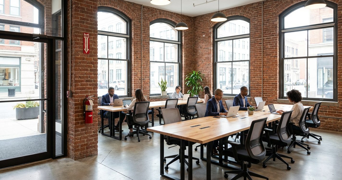 Espace de coworking moderne avec extincteur mural