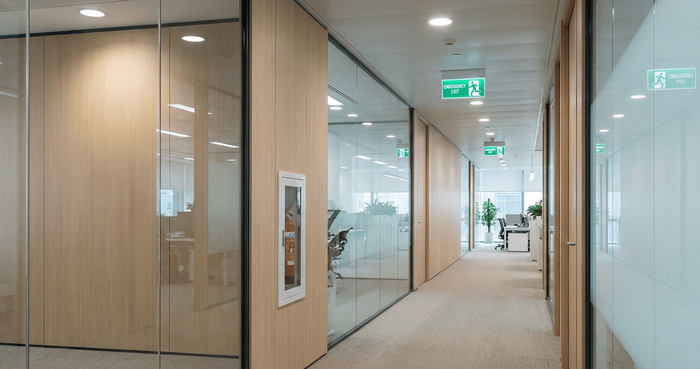 Couloir de bureaux modernes equipe de dispositifs de securite incendie conformes a la reglementation