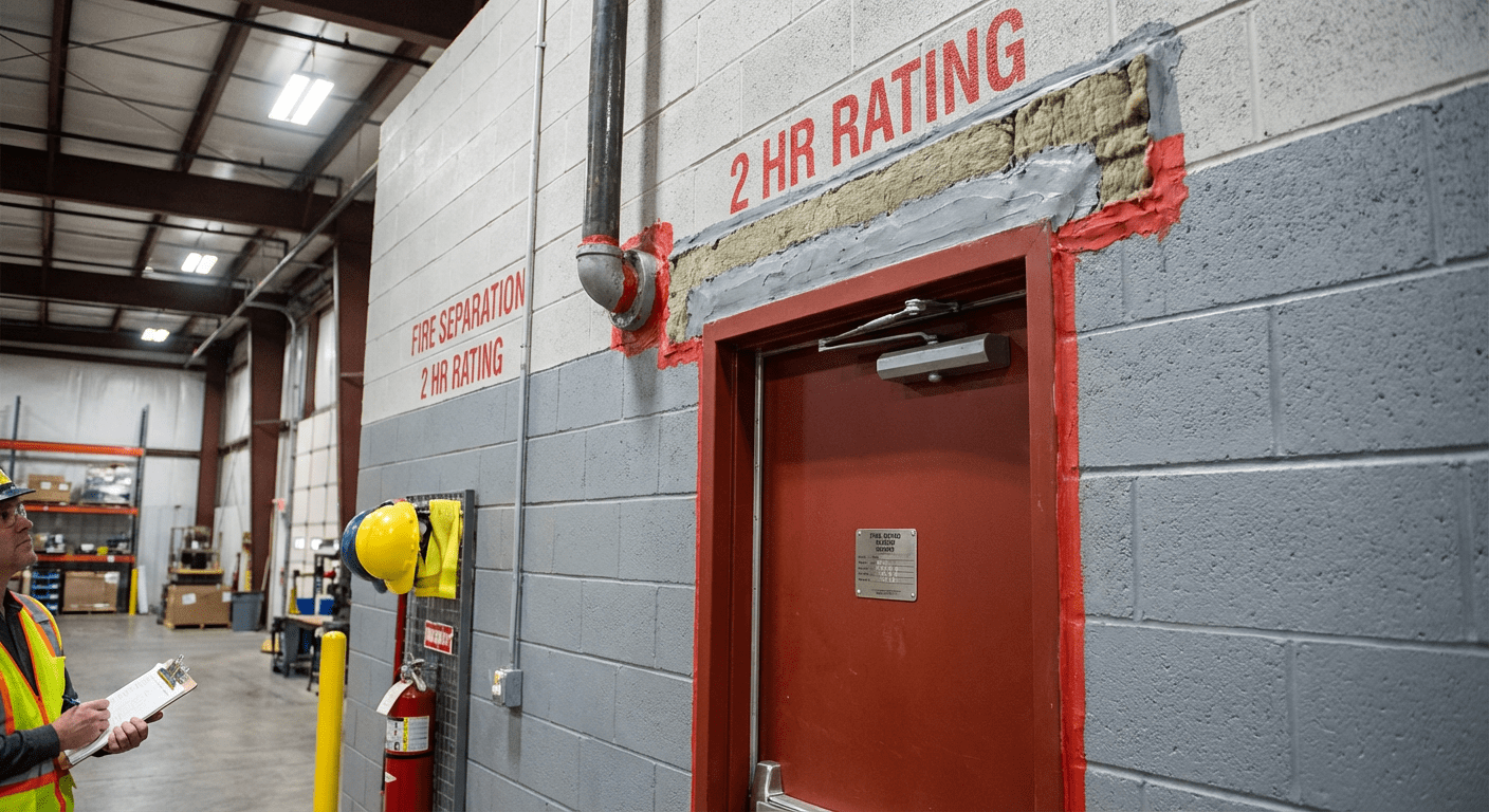 Mur de compartimentage incendie avec porte coupe-feu dans un batiment industriel
