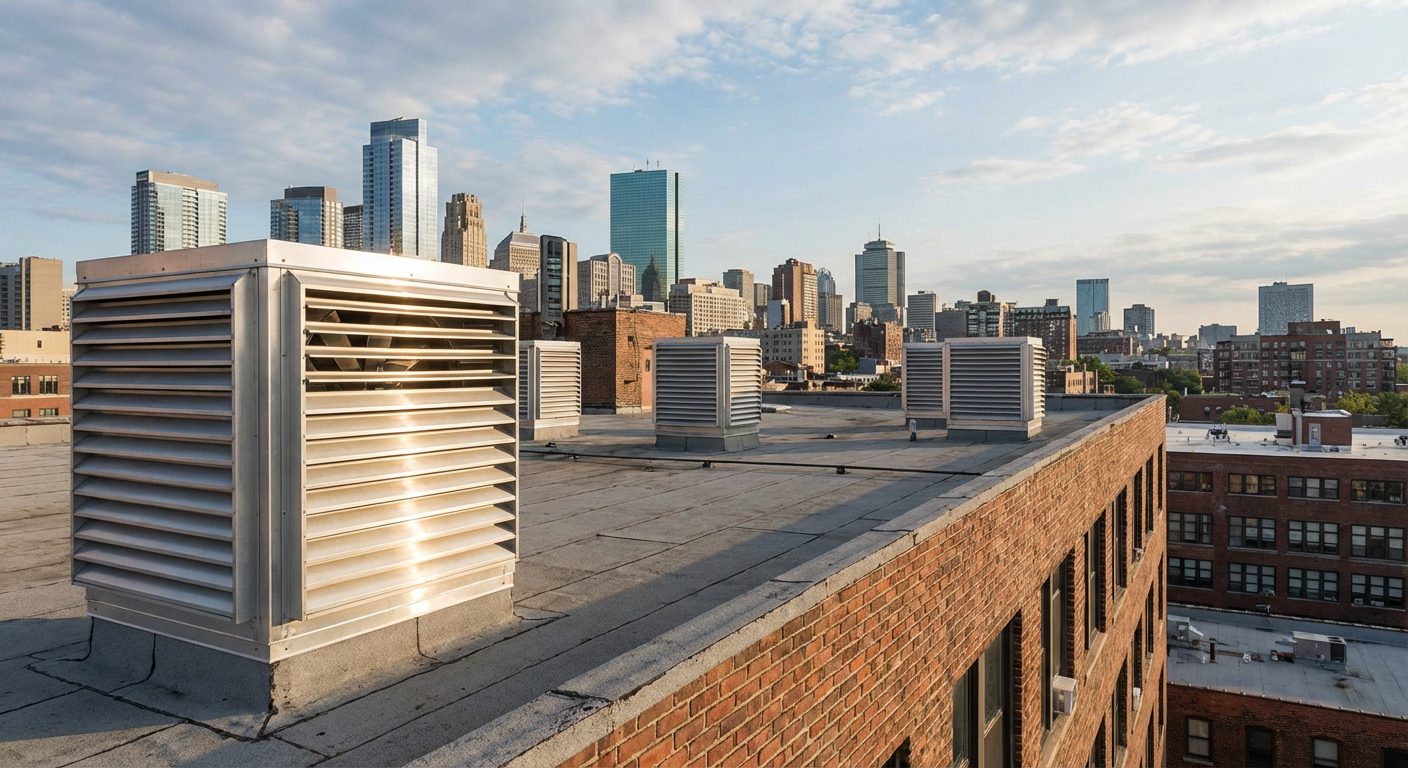 Exutoires de désenfumage naturel sur la toiture d’un bâtiment ERP