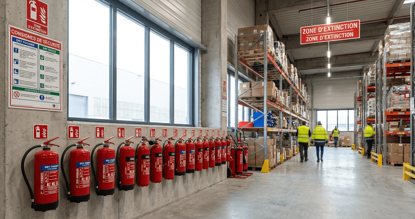 Extincteurs rouges alignes dans un entrepot d entreprise a Lyon - obligation securite incendie
