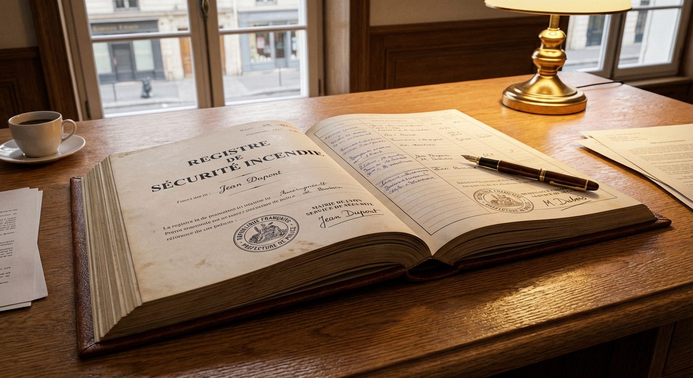 Registre de securite incendie ouvert sur un bureau avec tampons et signatures