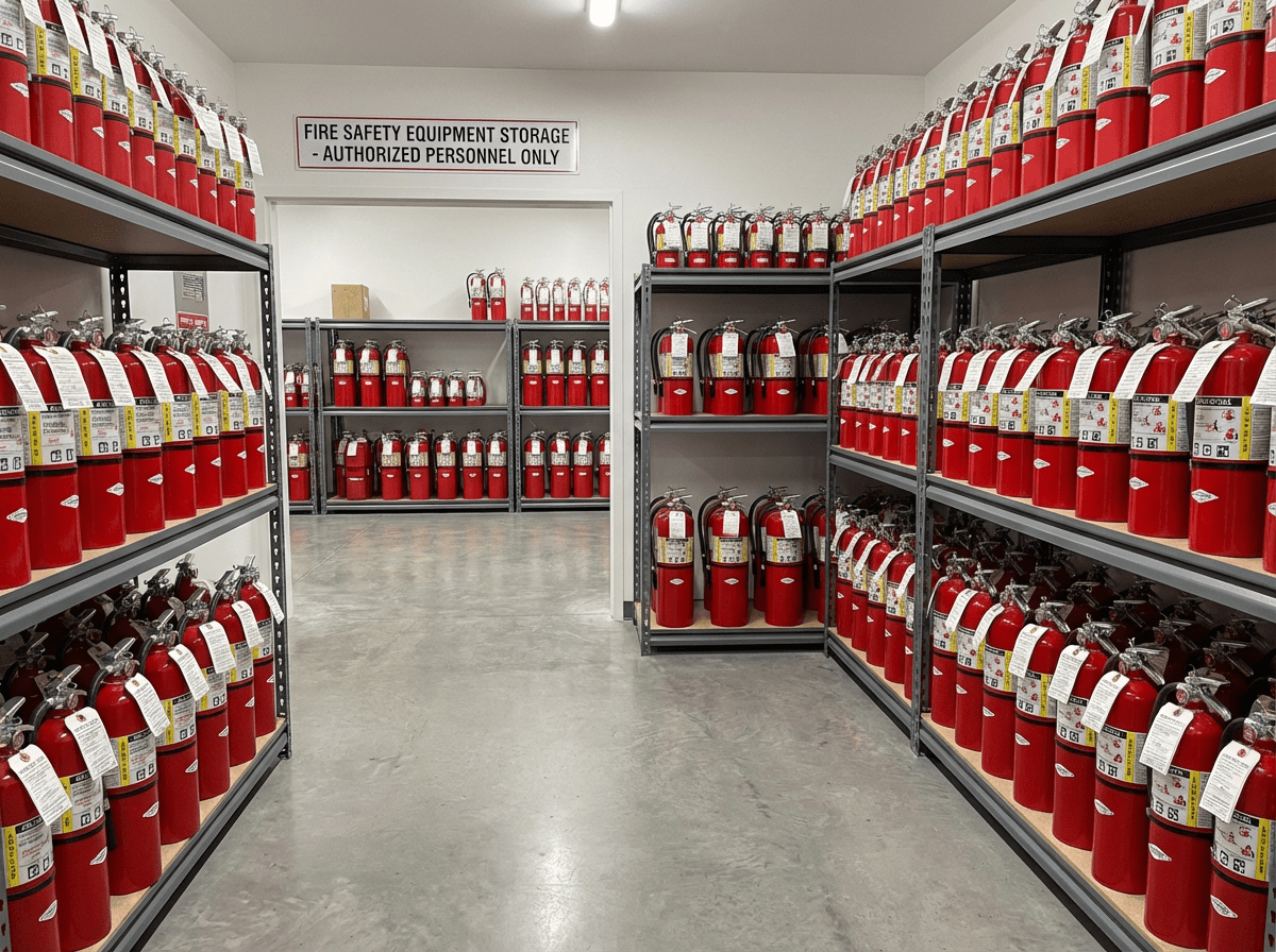 Stockage organise d extincteurs maintenus avec etiquettes de verification