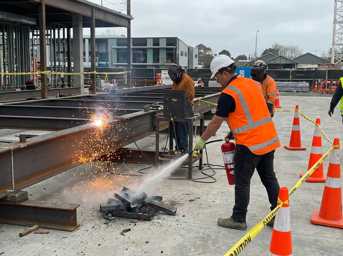 Ouvrier BTP utilisant un extincteur pres dune zone de soudure sur chantier