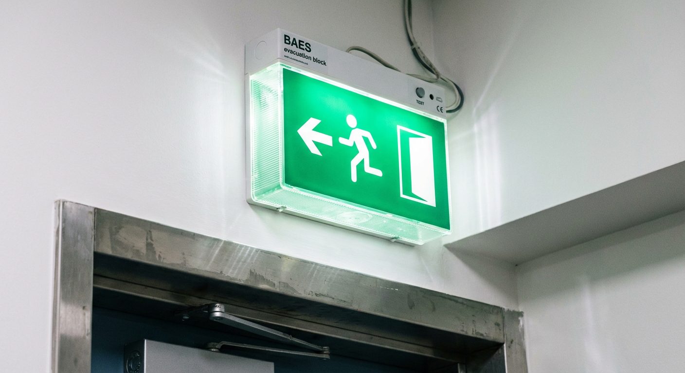 Panneau sortie de secours BAES lumineux au-dessus porte ecole