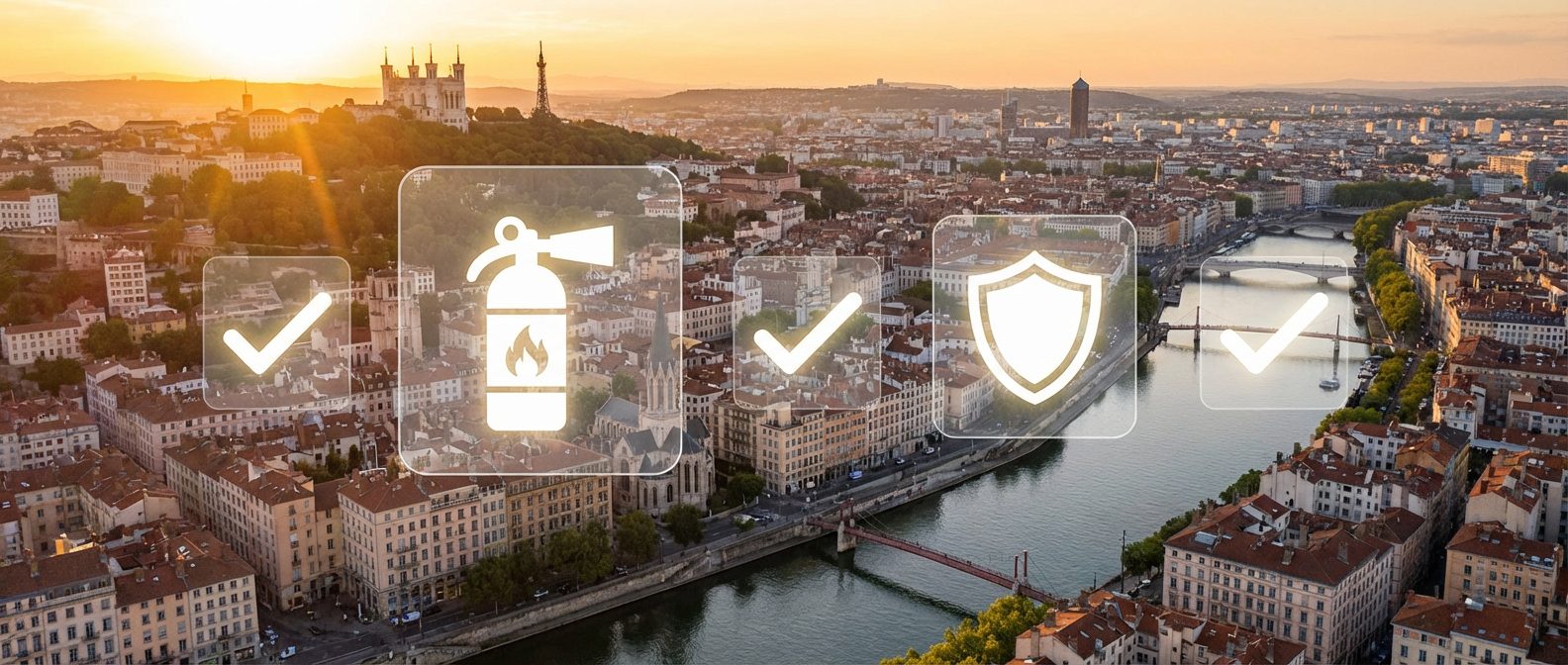 Panorama de Lyon avec icones securite incendie