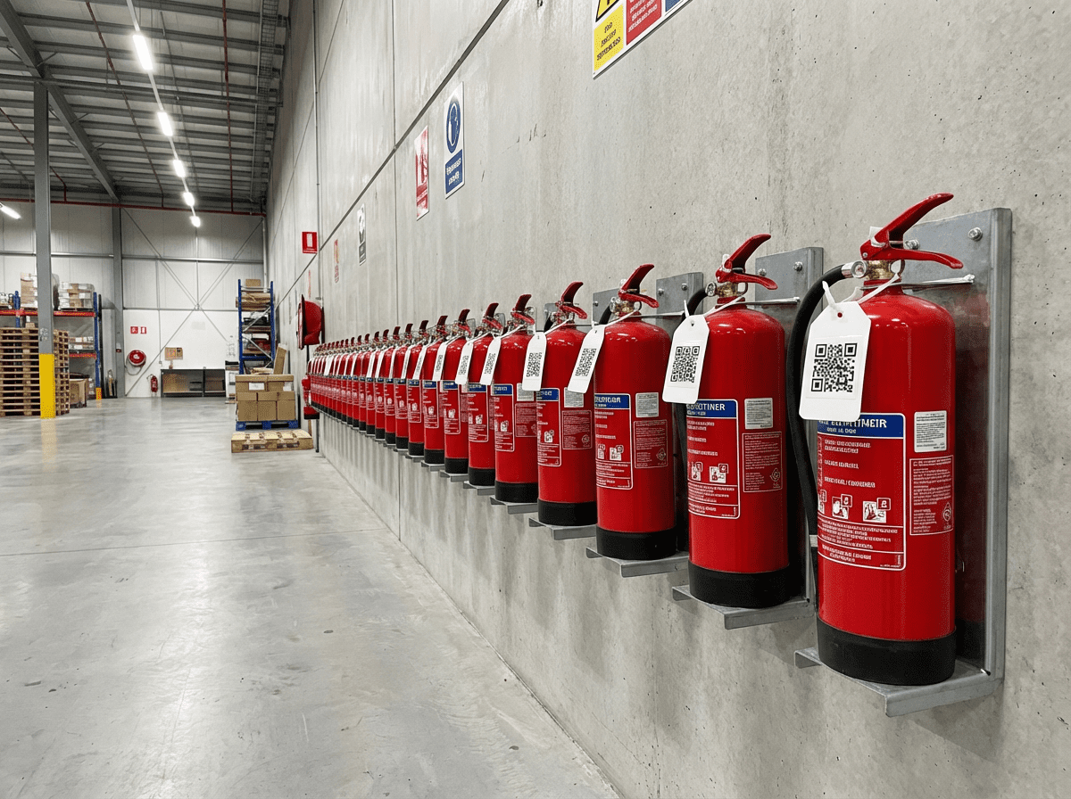 Rangée d'extincteurs équipés d'étiquettes QR code pour traçabilité du parc en entrepôt
