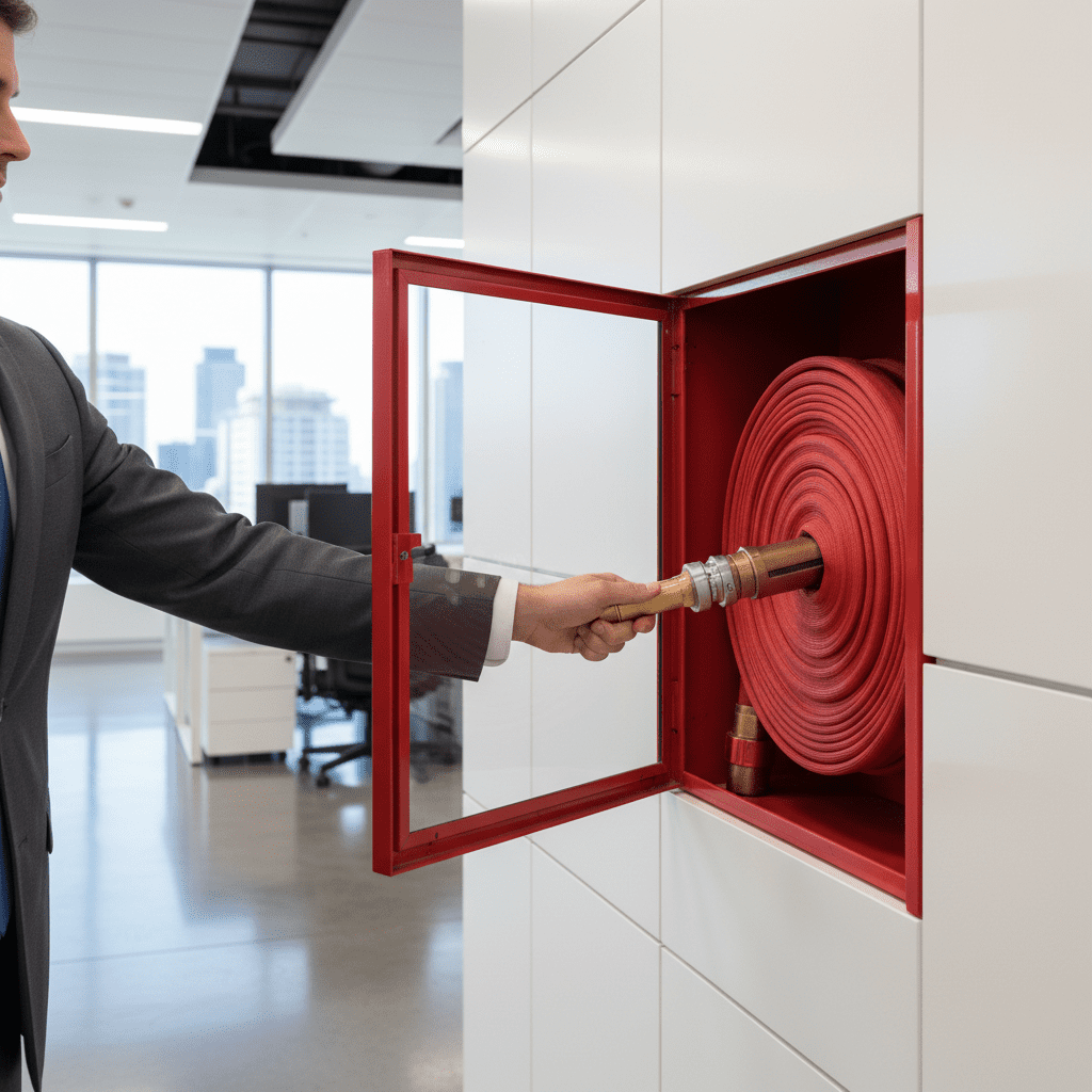 Personne ouvrant une armoire RIA dans un immeuble de bureaux