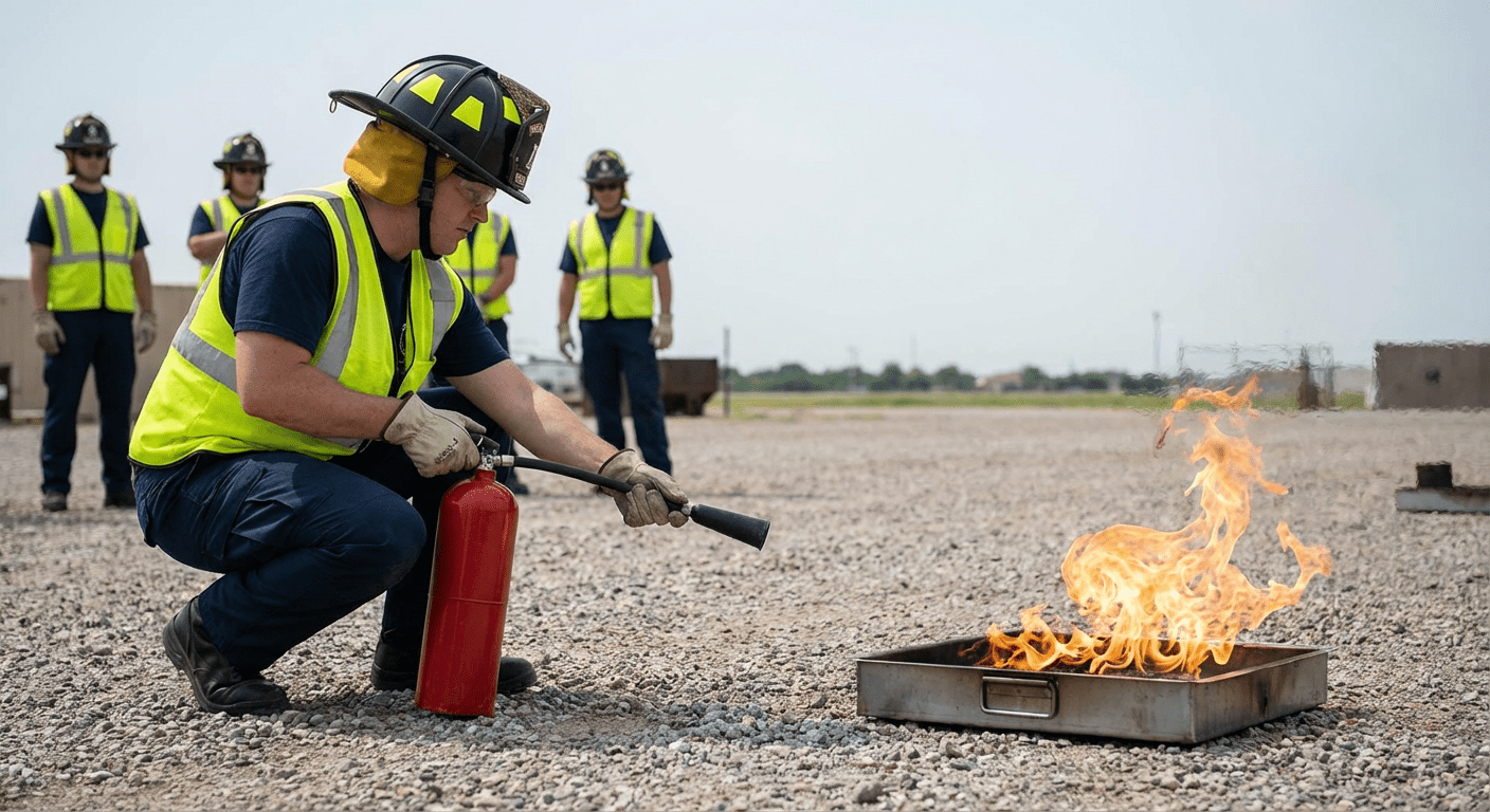 Personne utilisant un extincteur en visant la base des flammes lors d’un exercice de formation incendie