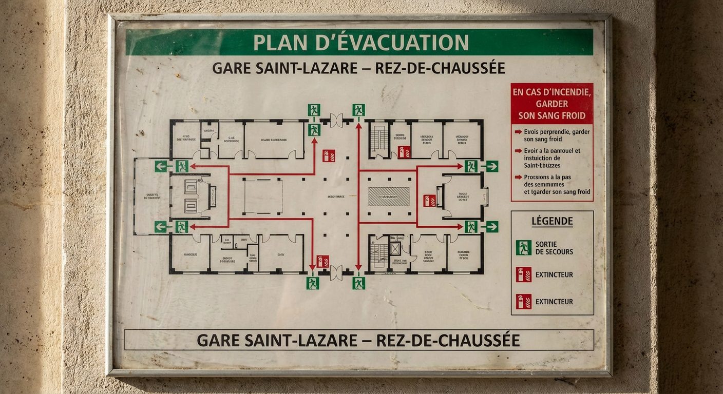 Plan évacuation incendie affiché dans un couloir de bureau à Lyon