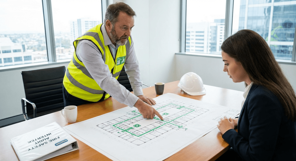 Technicien Hexia Sécurité installant un plan évacuation dans un ERP