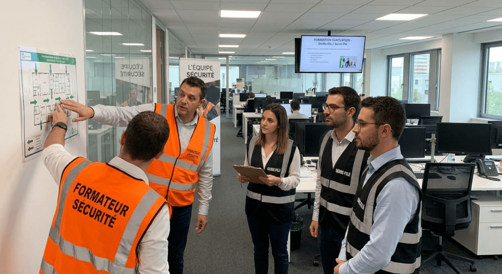 Formation guide-file et serre-file Lyon 2 Formateur securite incendie montrant parcours evacuation