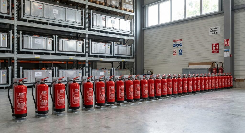 Extincteurs F500 entrepot stockage lithium