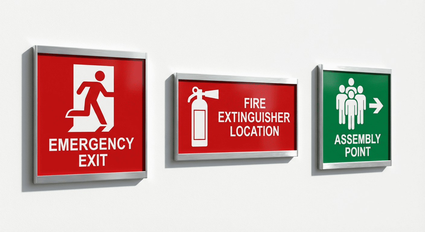 Pictogrammes de signalétique sécurité incendie : sortie de secours, extincteur et point de rassemblement