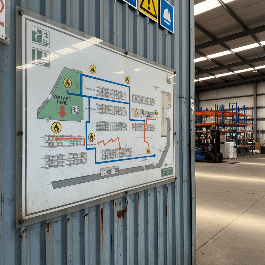 Plan d'évacuation incendie affiché sur le mur d'un entrepôt