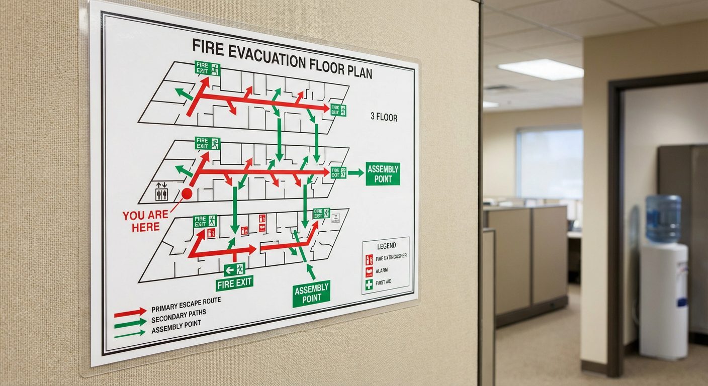 Plan d'évacuation d'étage avec itinéraires colorés et point de rassemblement
