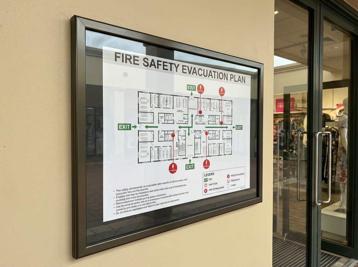 Plan evacuation incendie affiche dans un commerce