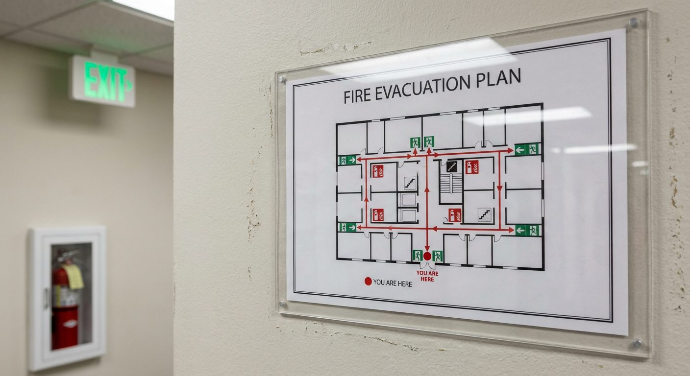 Plan d'évacuation incendie avec pictogrammes réglementaires