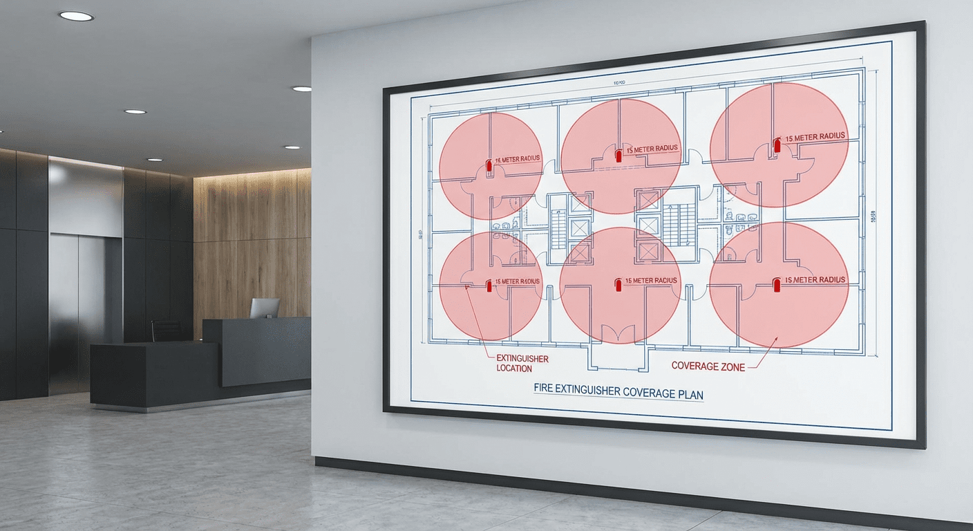 Plan d'implantation des extincteurs avec zones de couverture de 15 mètres