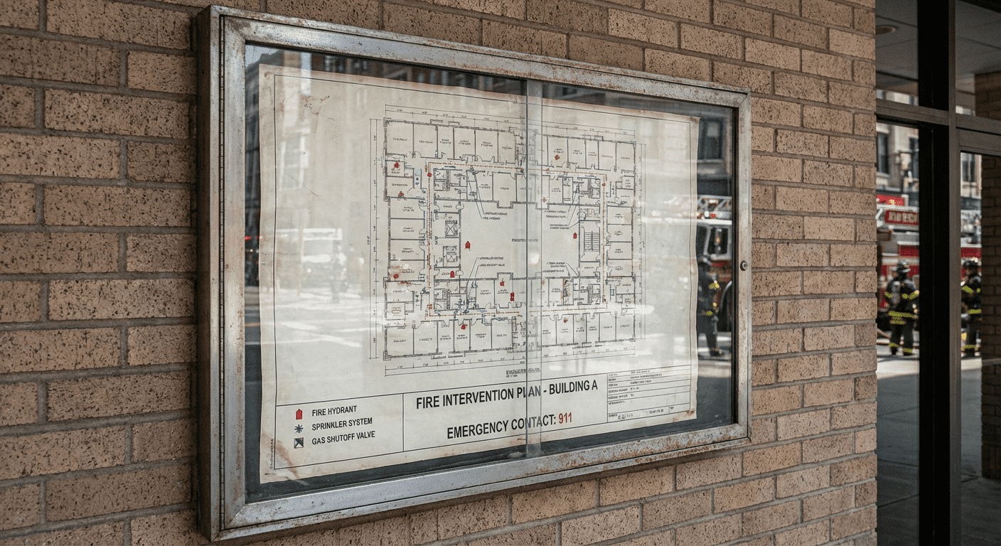 Plan intervention incendie detaille affiche dans un cadre vitre