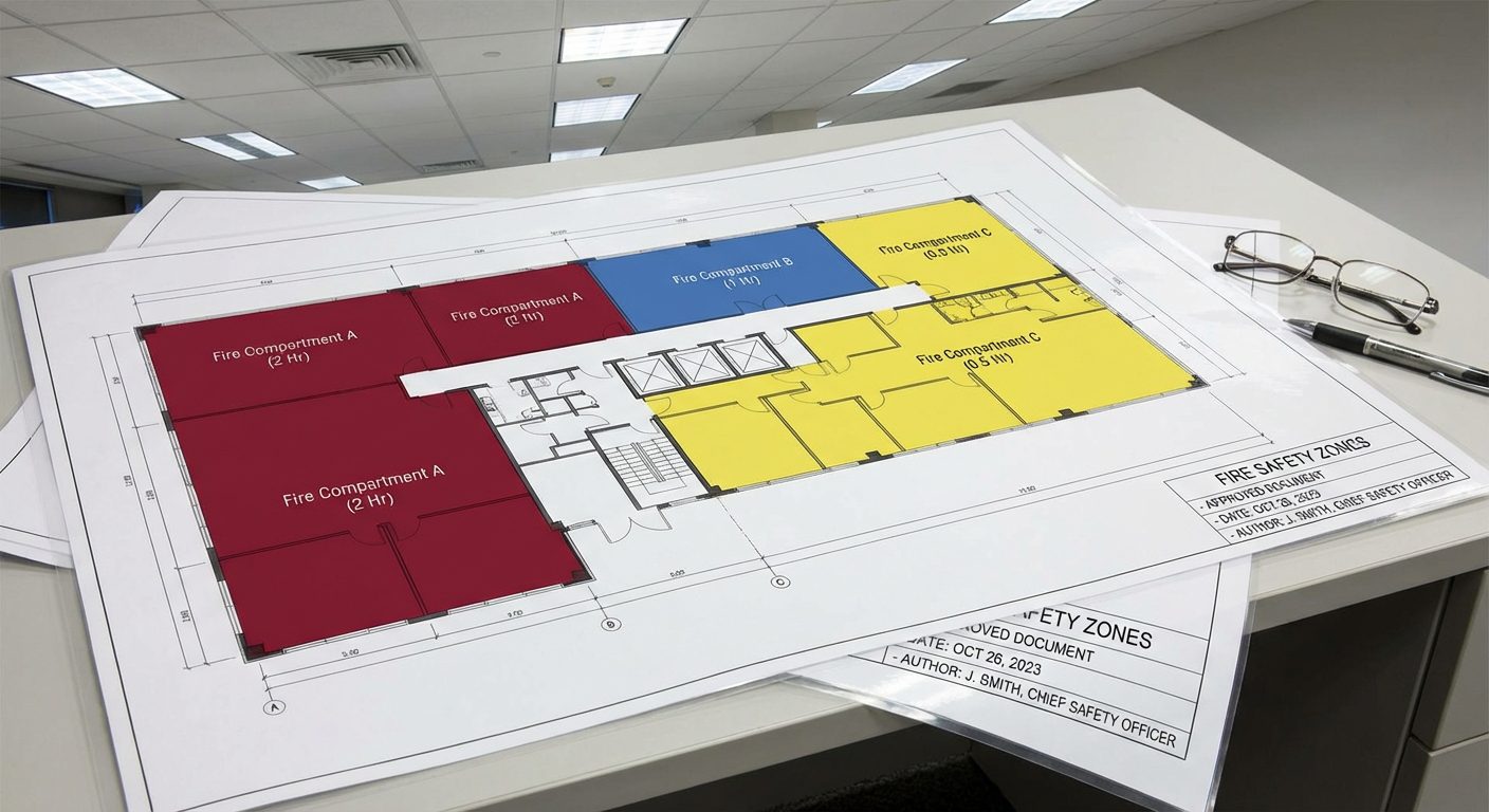 Plan architectural avec zones de compartimentage incendie identifiées par couleurs