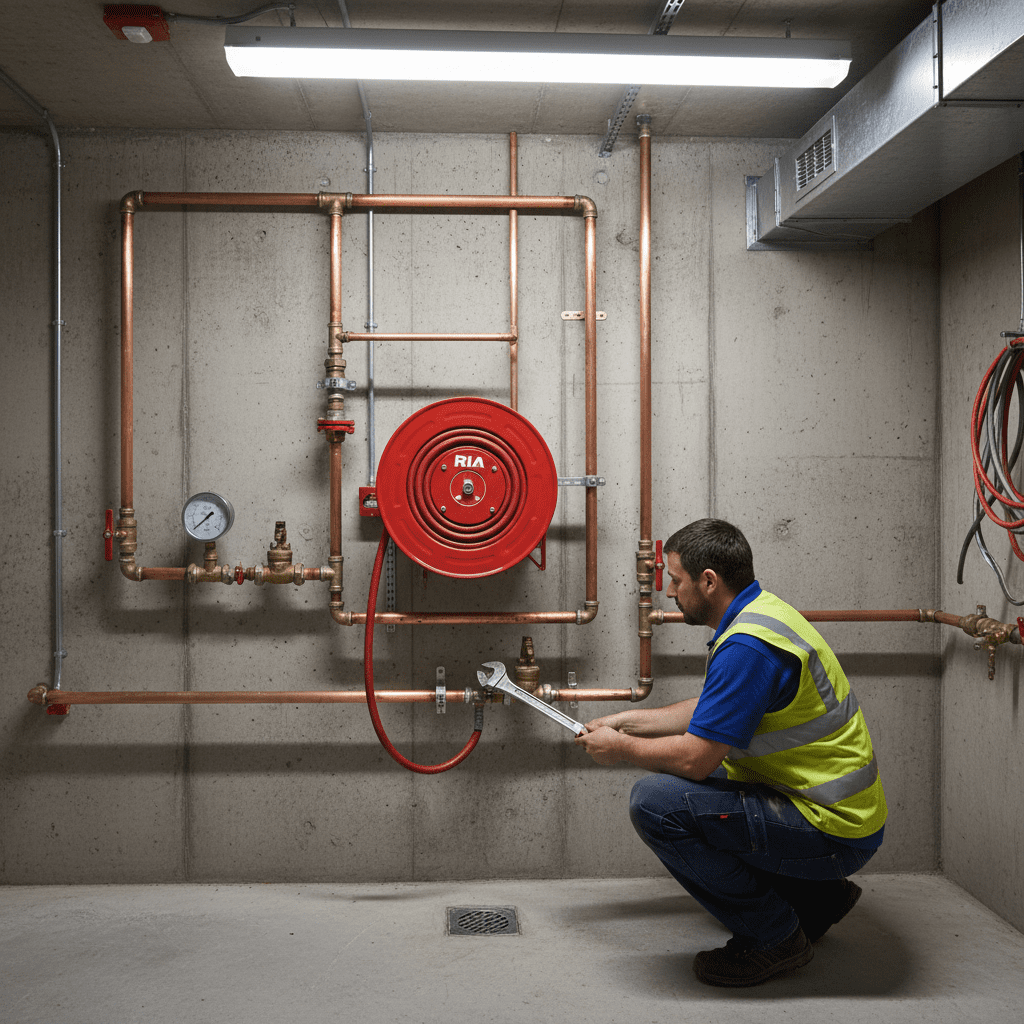 Schema installation RIA : plan type, raccordements et dimensionnement 2 Plombier raccordant alimentation en eau sur un RIA