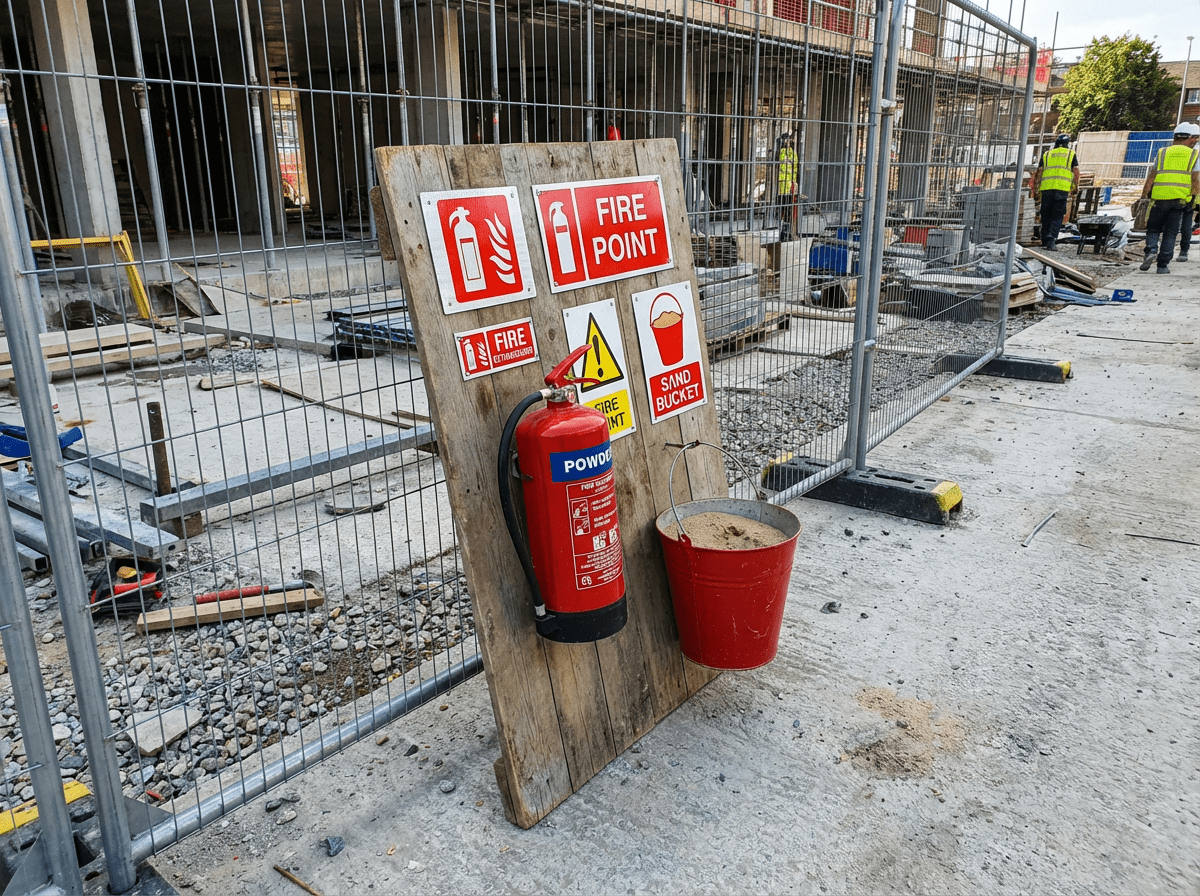 Point feu temporaire sur chantier de construction avec extincteur et signalisation