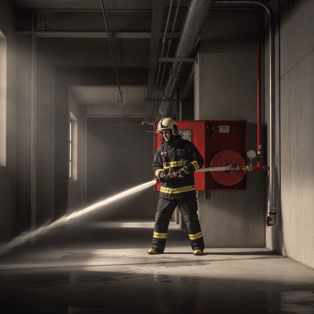 Pompier utilisant un RIA dans un bâtiment pour éteindre un incendie