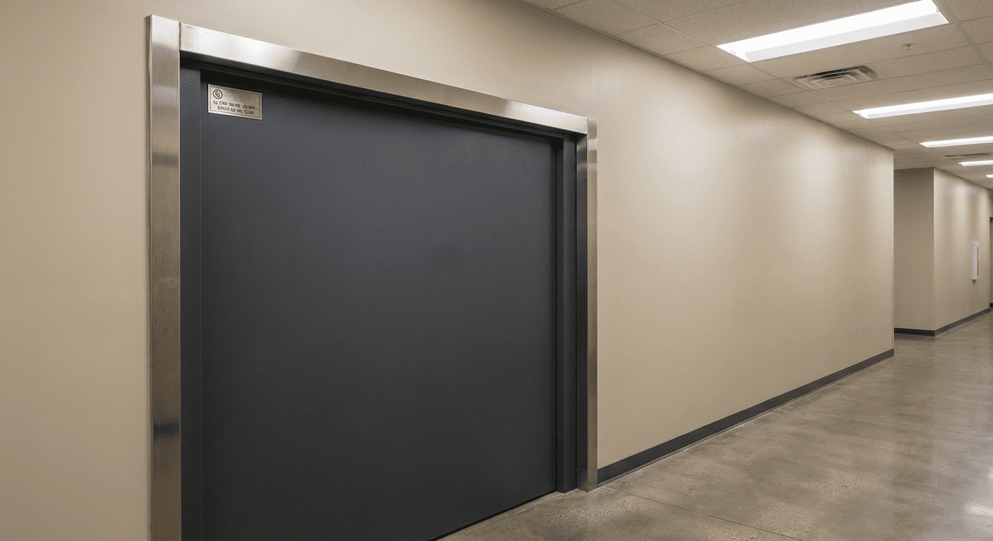 Porte coupe-feu en acier certifiée dans un couloir de bâtiment commercial