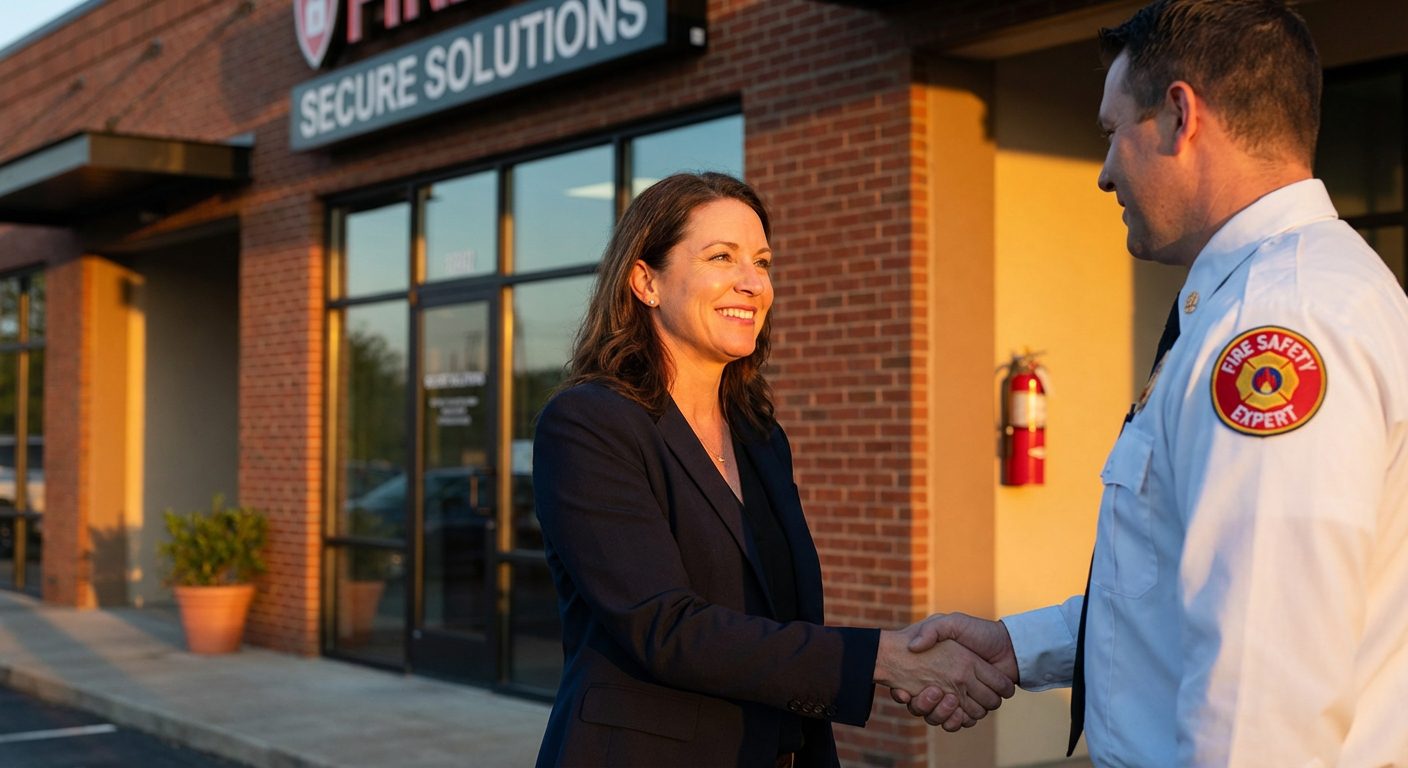 Expert Hexia Sécurité conseillant un professionnel sur le nombre d'extincteurs nécessaires